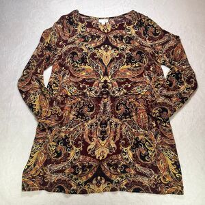 J. Jill Women's Medium Paisley Print Long Sleeve Rayon Blouse Burgundy Gold Boho